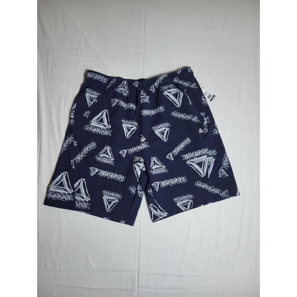 Reebok Mens Athletic Shorts XL Navy Logo Print 10” Inseam New With Tags